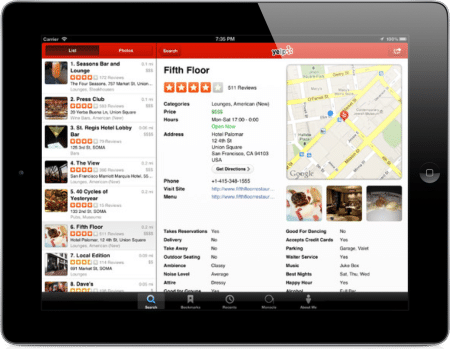 yelp app para buscar restaurantes, hoteles, negocios locales