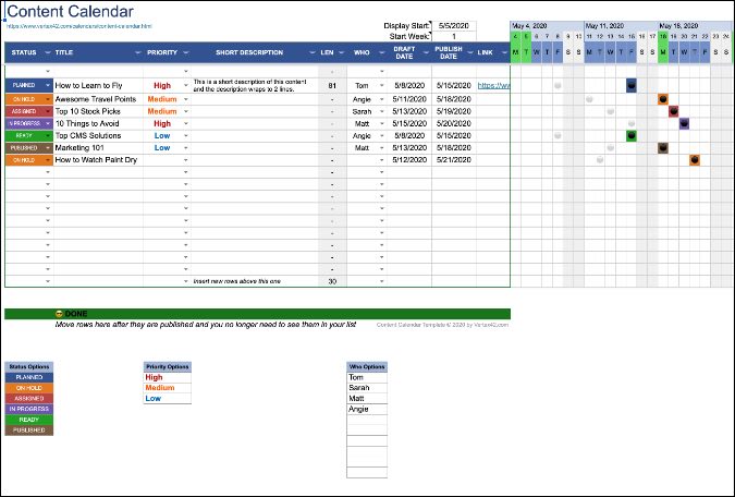 calendario de contenidos en google sheets