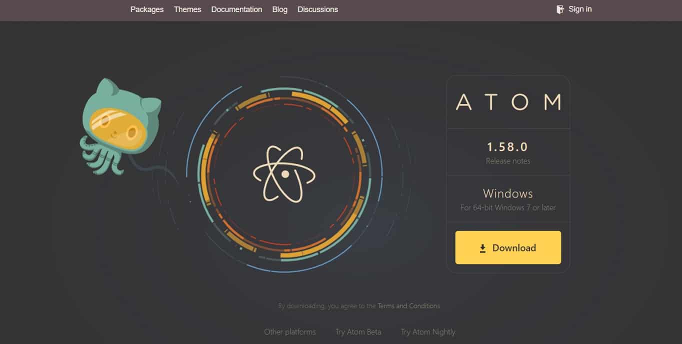 El sitio web del editor de texto Atom para HTML.