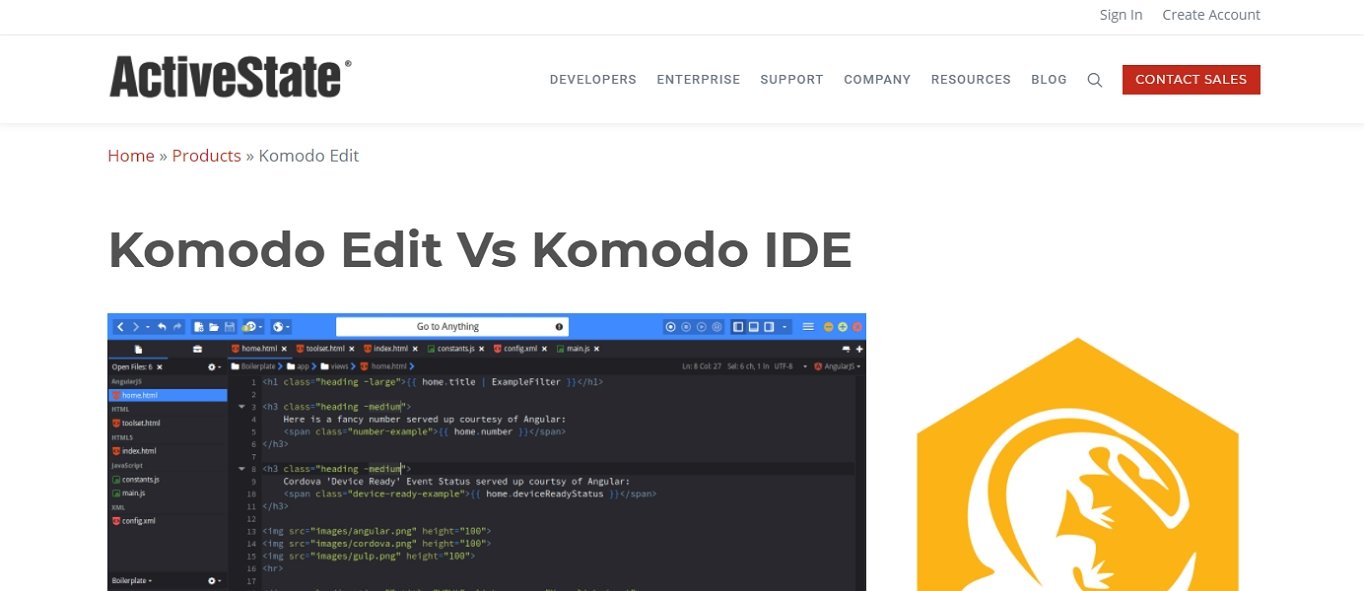 El editor de texto Komodo Edit para el sitio web HTML.