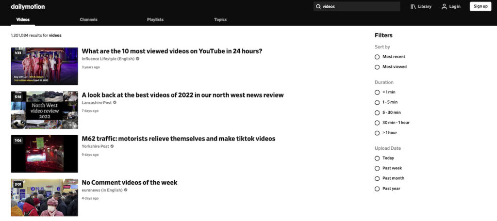 Página de búsqueda de vídeos de Dailymotion