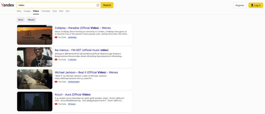 Página de búsqueda de vídeos de Yandex