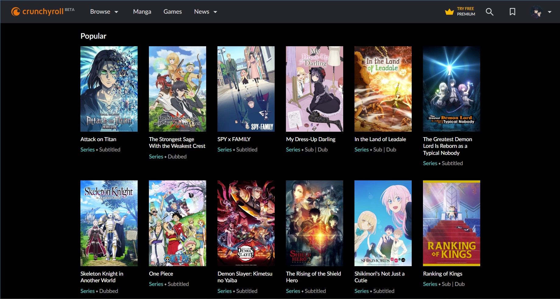 interfaz de usuario beta de crunchyroll con anime popular en pantalla