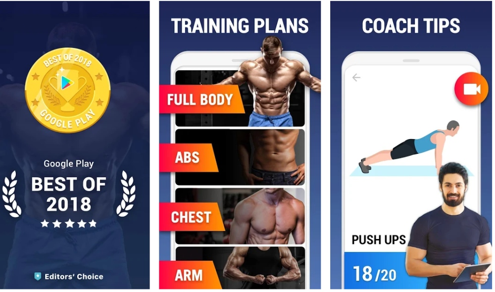capturas de pantalla en la app homeworkout que muestran el premio, planes de entrenamiento consejos del entrenador