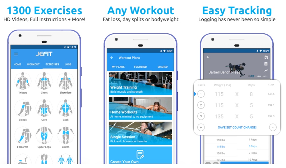 capturas de pantalla en la app JEFIT mostrando ejercicios, entrenamientos y seguimiento