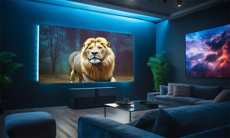 Una configuración de cine en casa con el brillo del proyector y la iluminación de la habitación