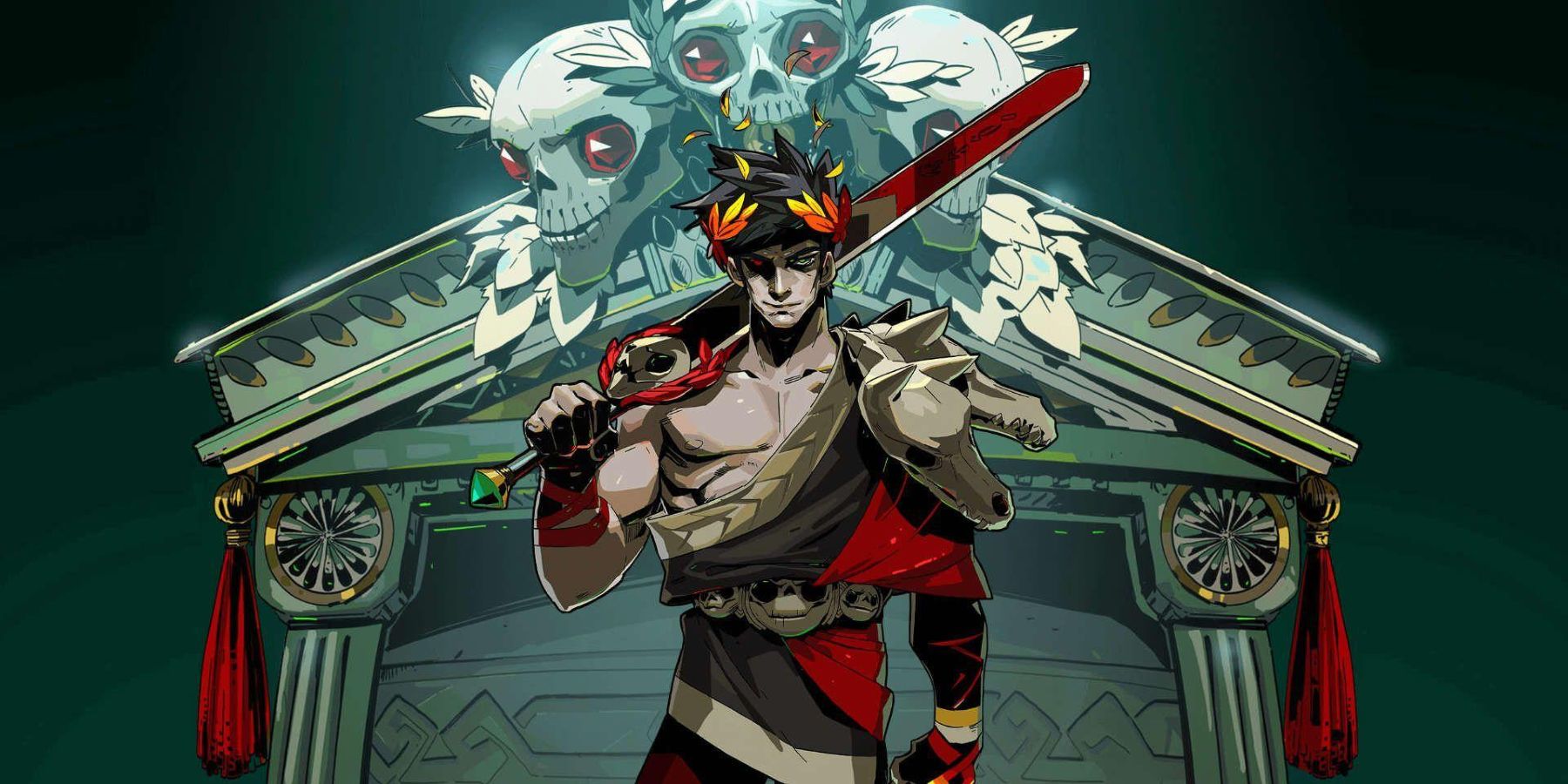 hades promo art zagreus con Stygius Greek columbs al fondo 