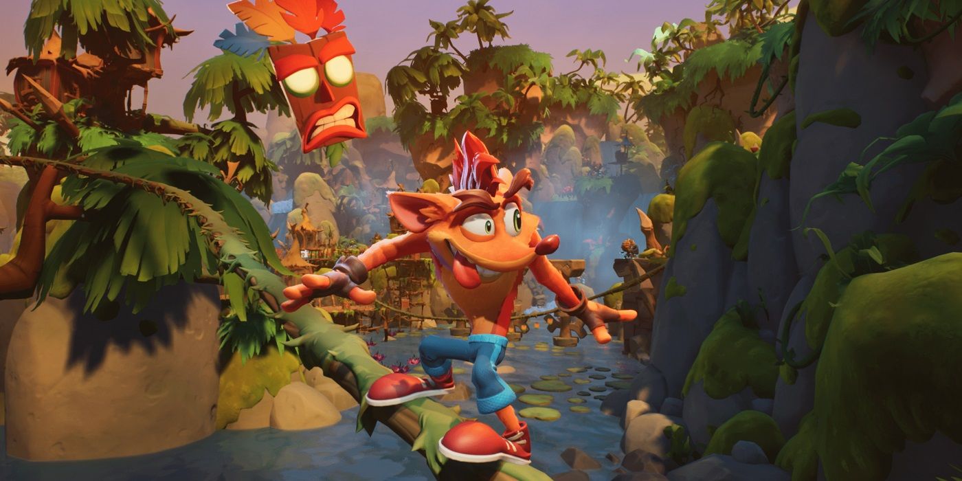 Crash Bandicoot sobre raíles en la jungla