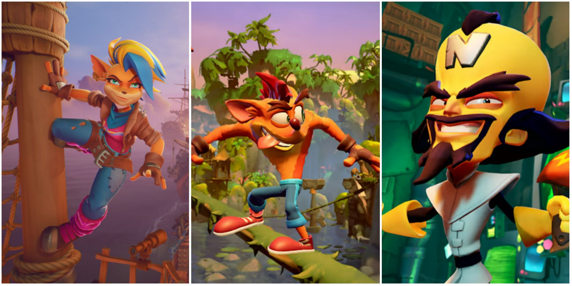 crash bandicoot 4 it's about time personaje en barco pirata, crash en vid, neo cortex sonriendo amenazadoramente presentado