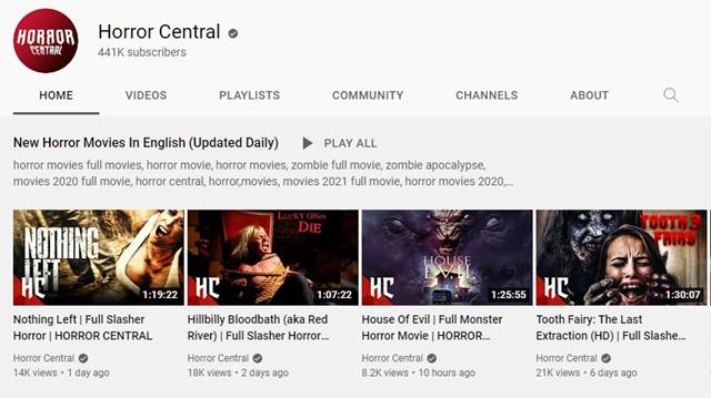 Mejores canales para ver películas gratis en YouTube 37 Horror Central