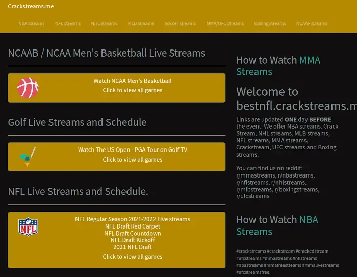CrackStreams - Sitios de streaming de deportes