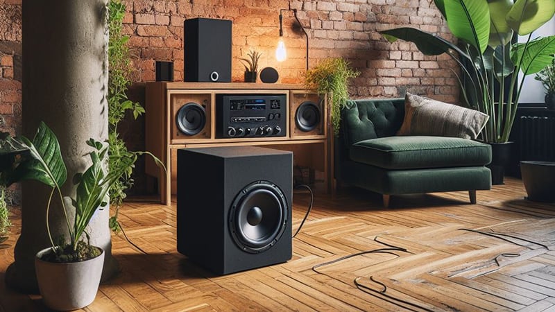 Un sistema de sonido con un archivo de audio de alta calidad reproduciendo