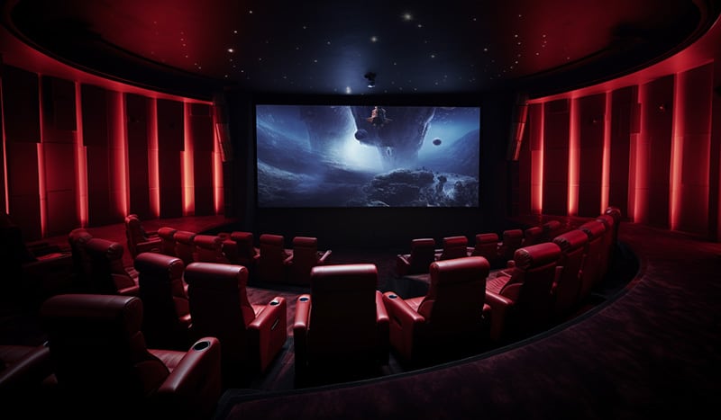 una película en una sala XD con una gran pantalla y un sistema de sonido envolvente