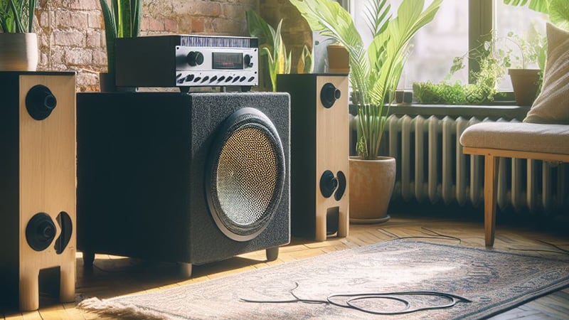 Un sistema de sonido con un subwoofer colocado en la esquina de la habitación