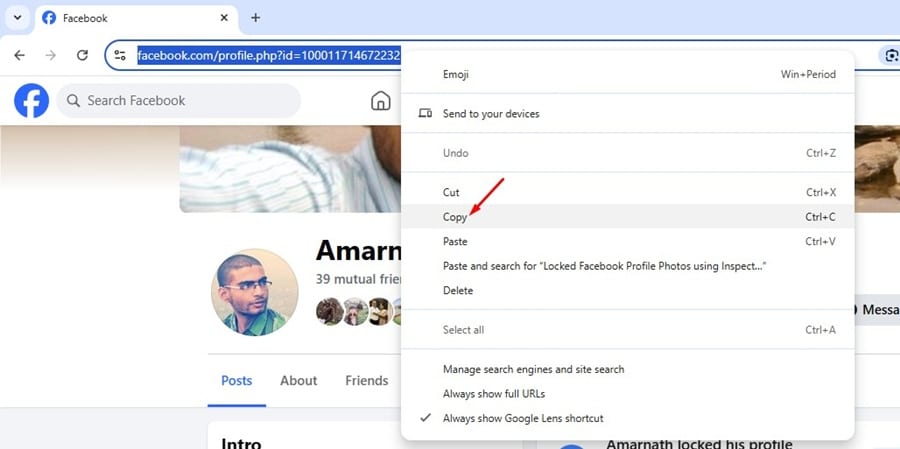 copia la URL del perfil bloqueado